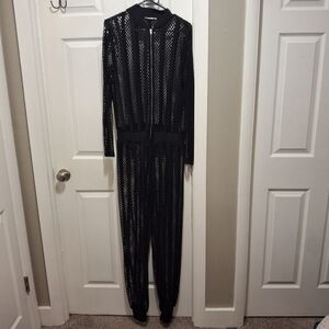 Fashion Nova Black Mesh Zip-Front Jumpsuit